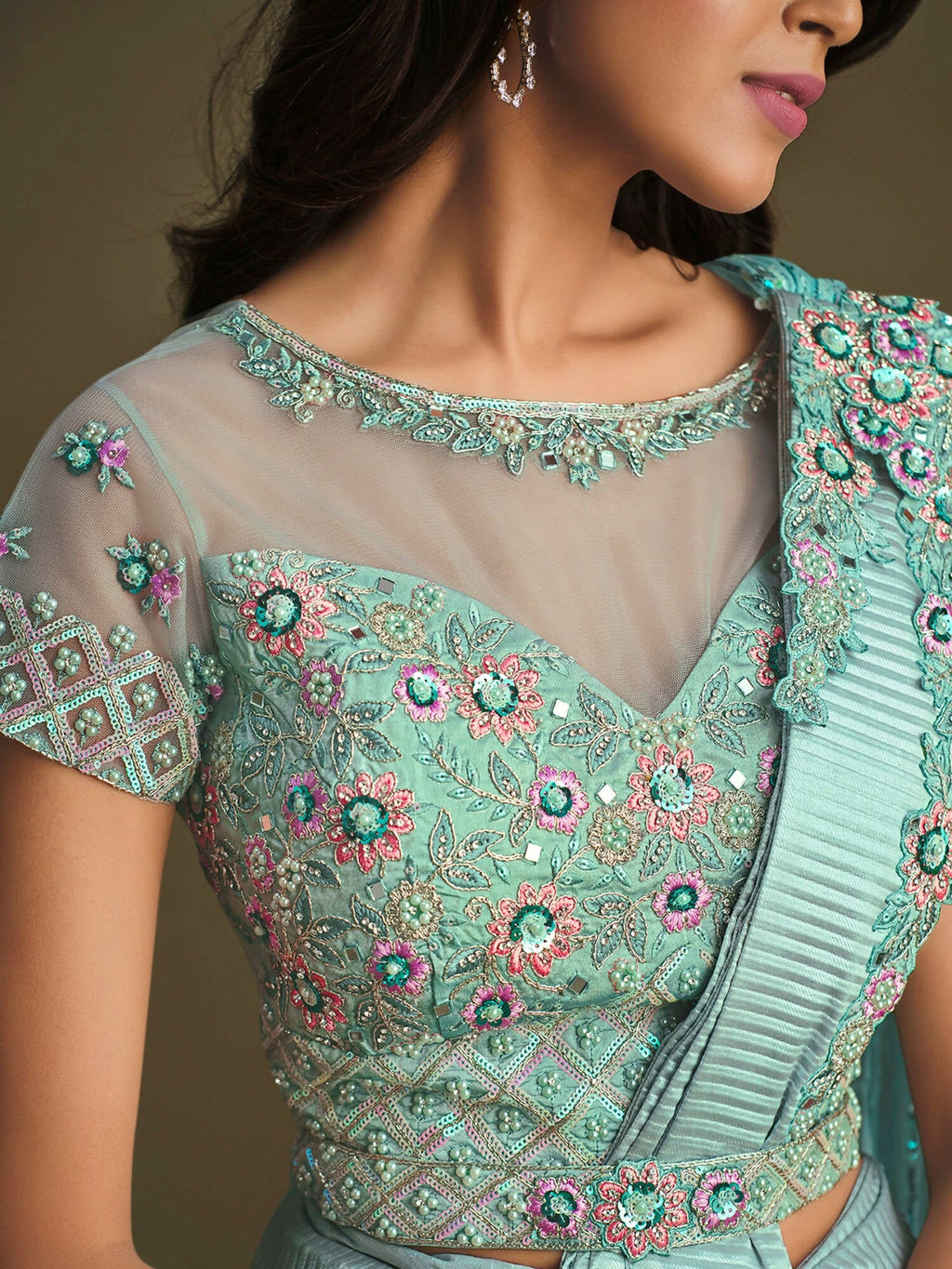 Sky Blue Fancy Crystal Crepe Sequence Embroidered Saree With Stitched Blouse - Mohmanthan La Belle