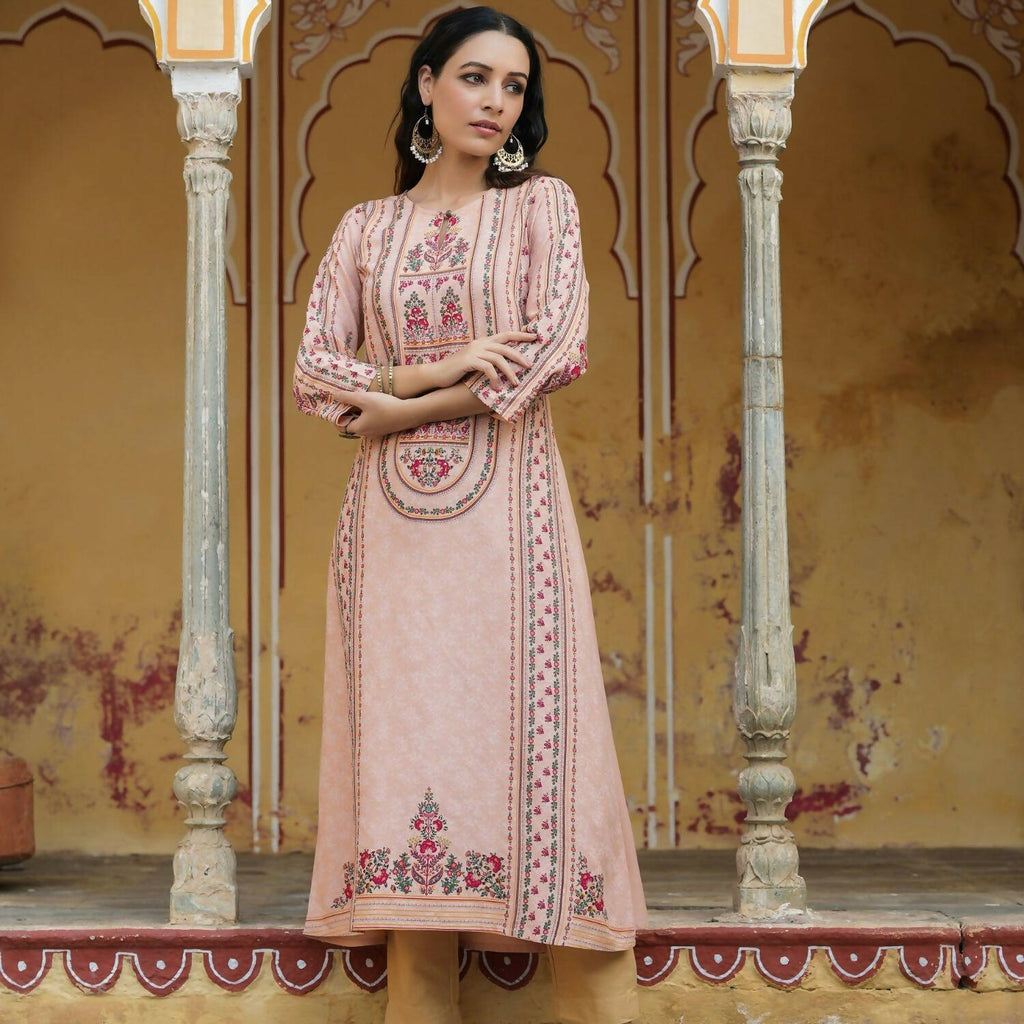 Juniper Women's Peach Rayon Staple Printed A-Line Kurta
