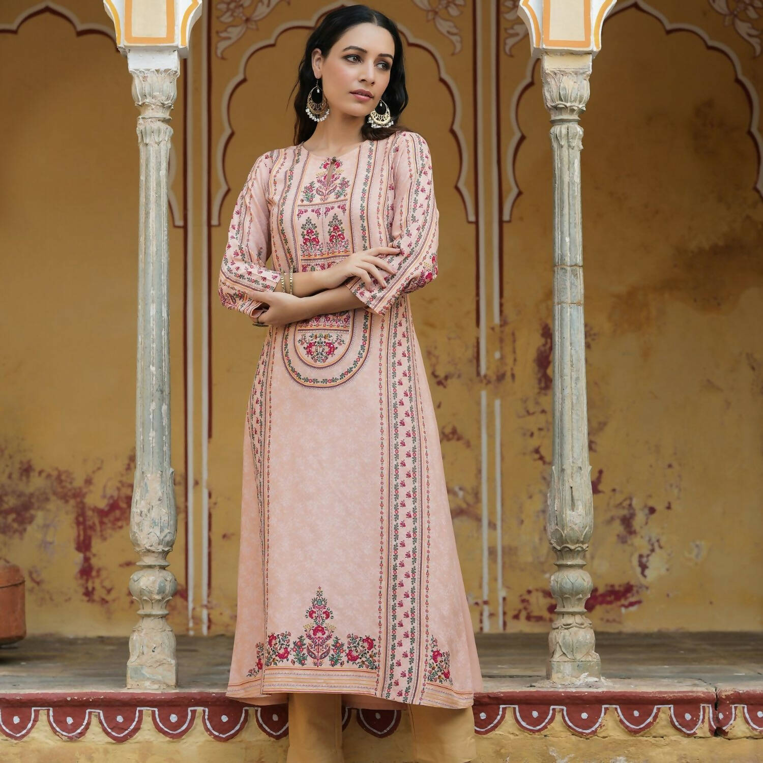 Juniper Women's Peach Rayon Staple Printed A-Line Kurta