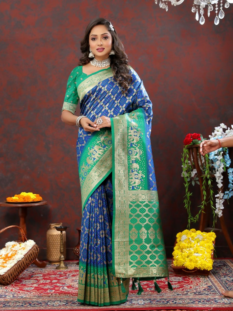 Vastranavya Royal Blue Soft Patola Silk With Meenakari Weaving Motifs And Rich Zari Weaving Pallu Saree With Matching Blouse Fabric