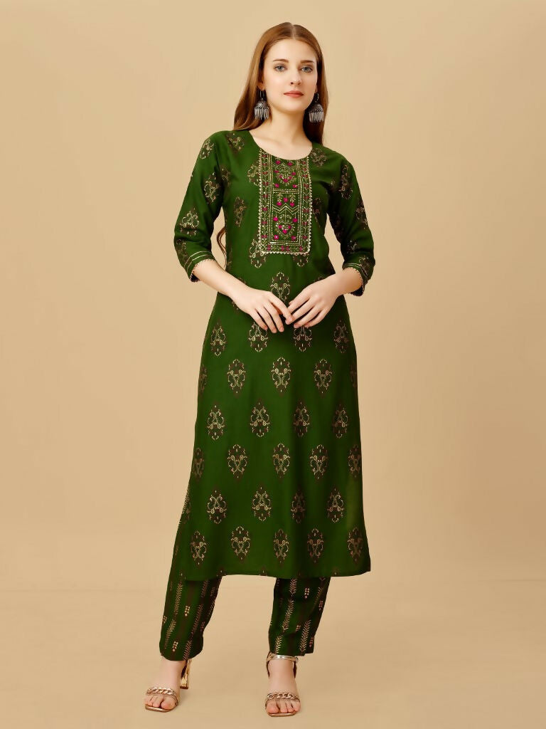 Jyoti Fashion Women's Green Viscose Rayon Embroidered Kurta Pant Set
