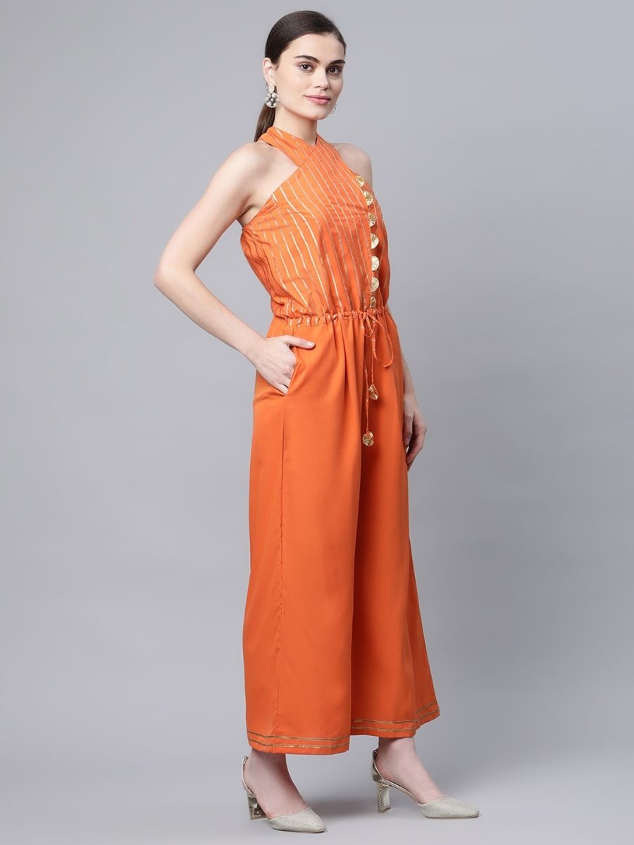 Ahalyaa Womens Orange Crepe Gold Stripped Print Jumpsuit