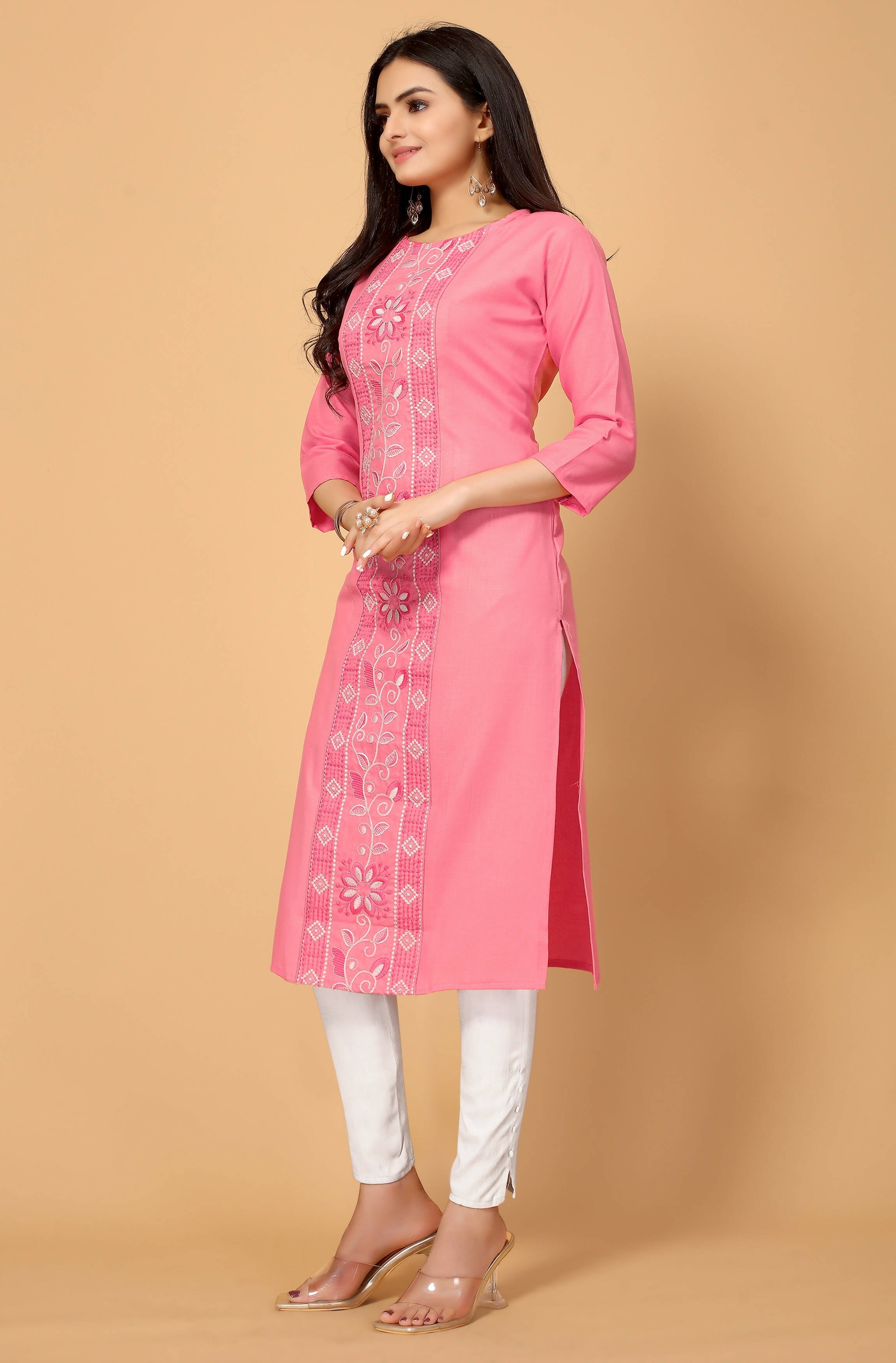 Light Pink Cottan Slub Embroidery Kurti - Umi