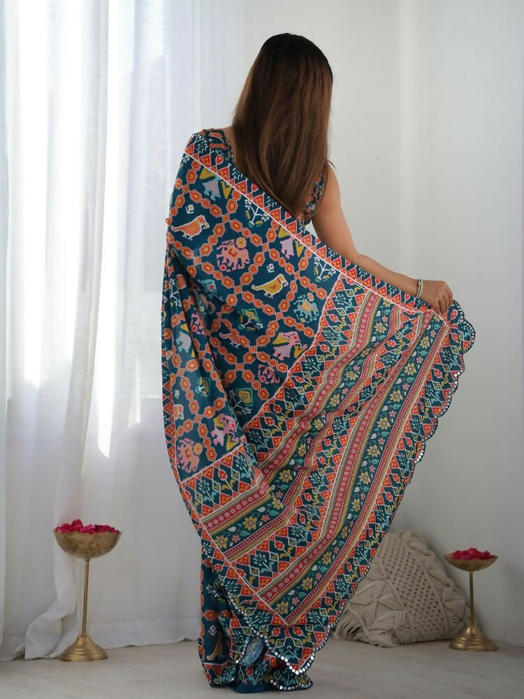 PR Fashion Dark Blue Georgette Digital Print With Mirror Work Saree