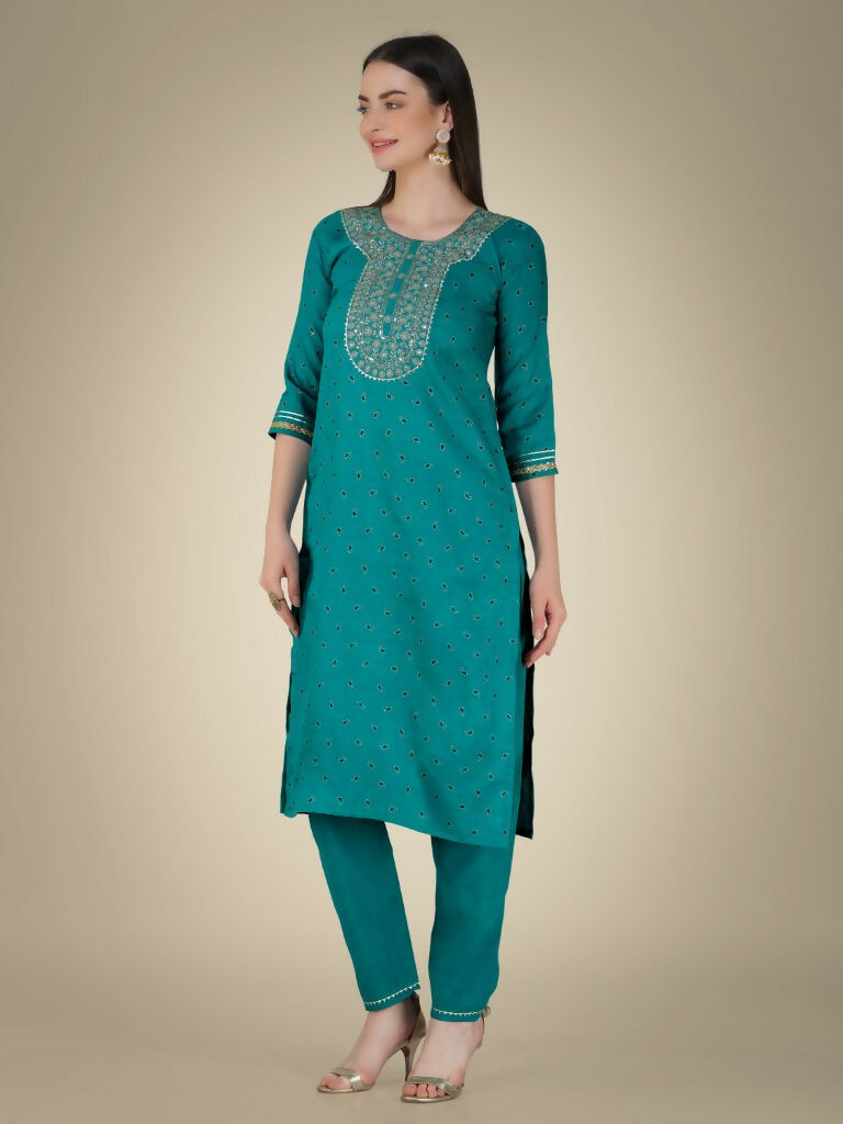 Jyoti Fashion Women's Rama Cotton Magic Slub Embroidery & Sequence work Kurta with Trouser & Dupatta