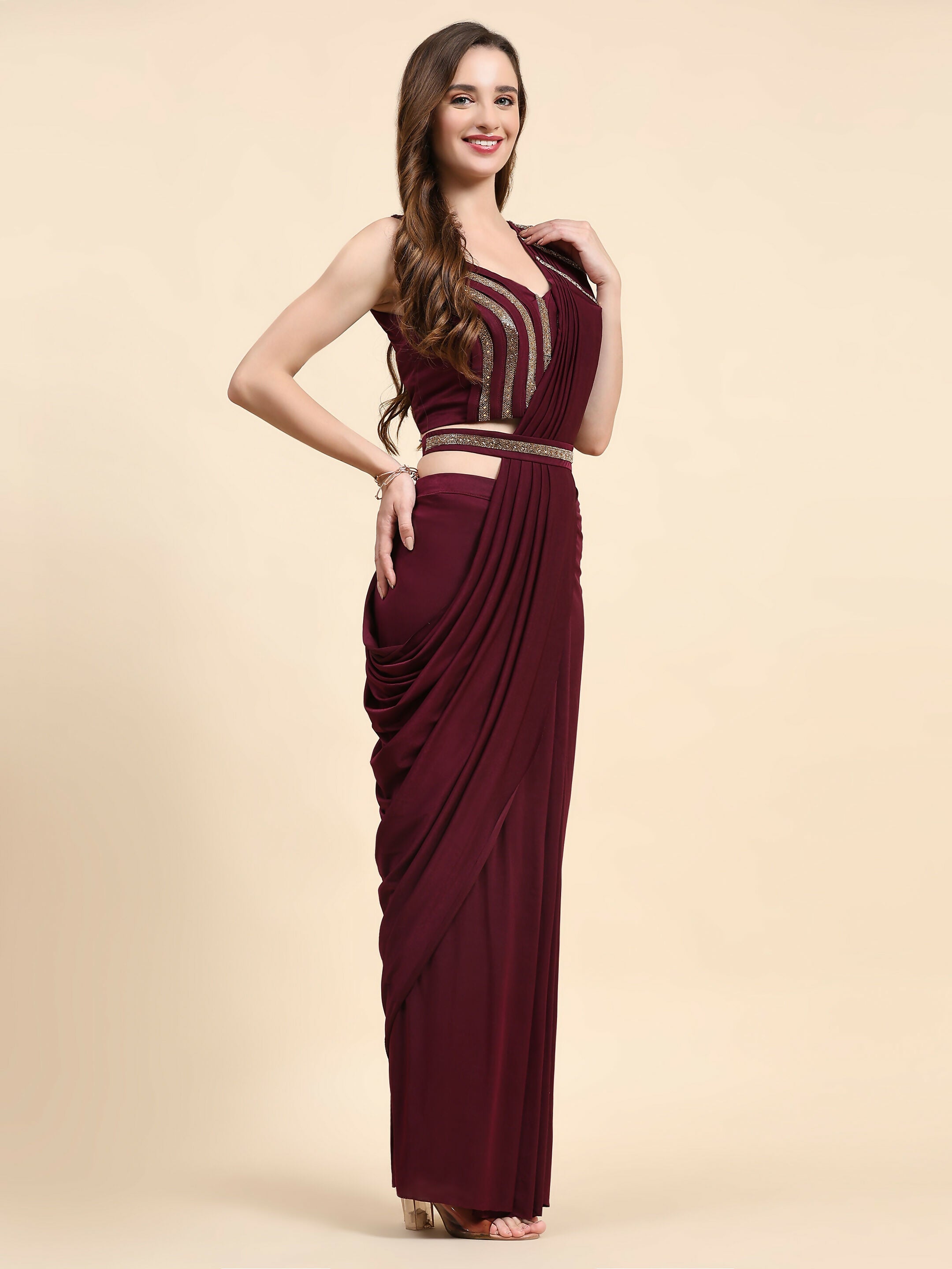Maroon Polyester Solid Ready to Wear Saree with stitched Blouse - Nita