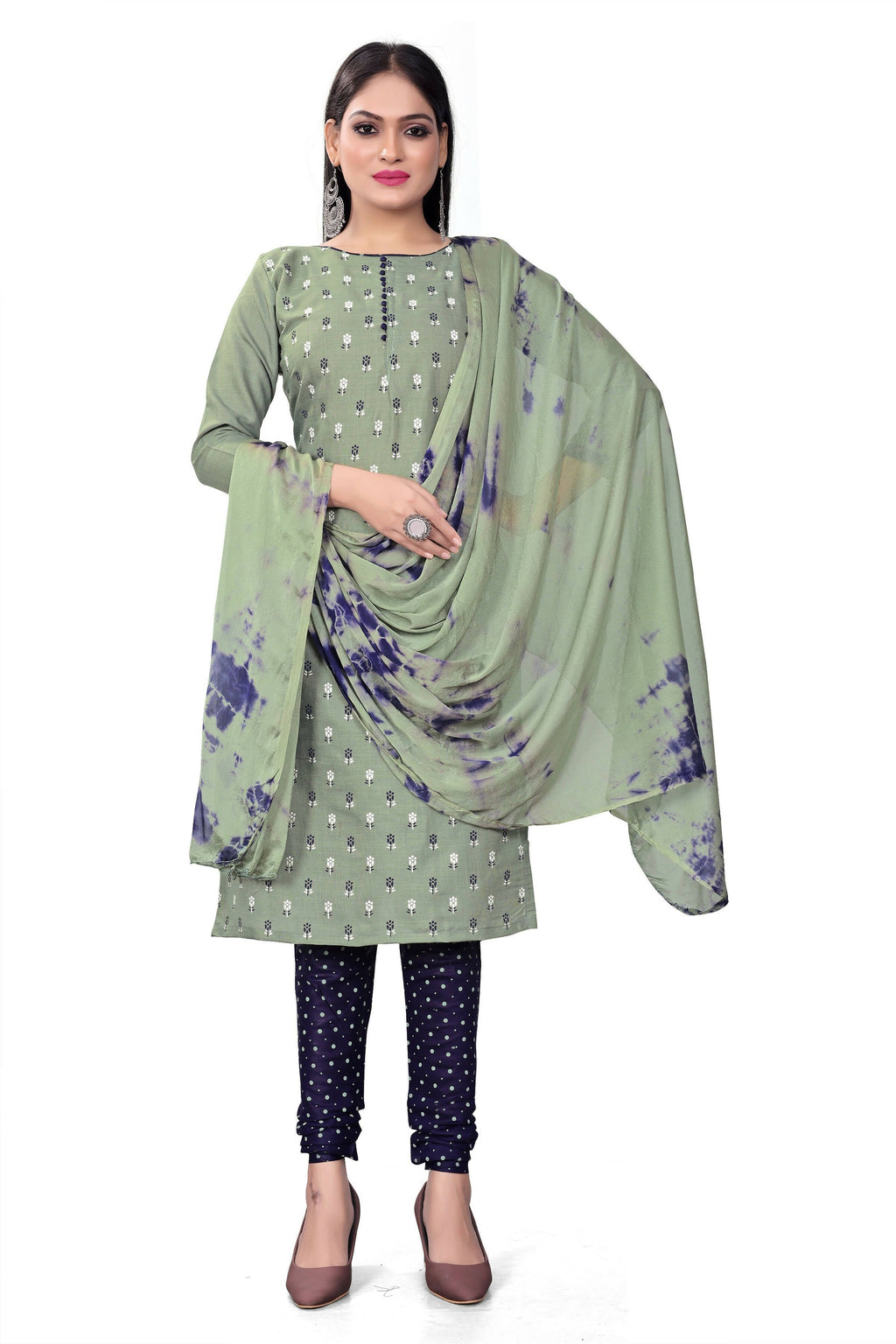 Sea Green Slab cotton Printed Unstitched Dress Material - Tanvi