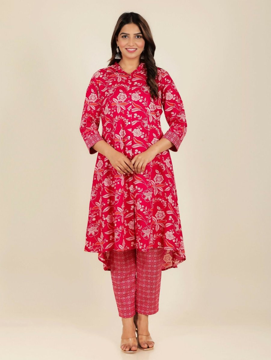 Aramya Red Soft Cotton Floral Print High Low Kurta Pant Set for Women