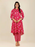 Aramya Red Soft Cotton Floral Print High Low Kurta Pant Set for Women