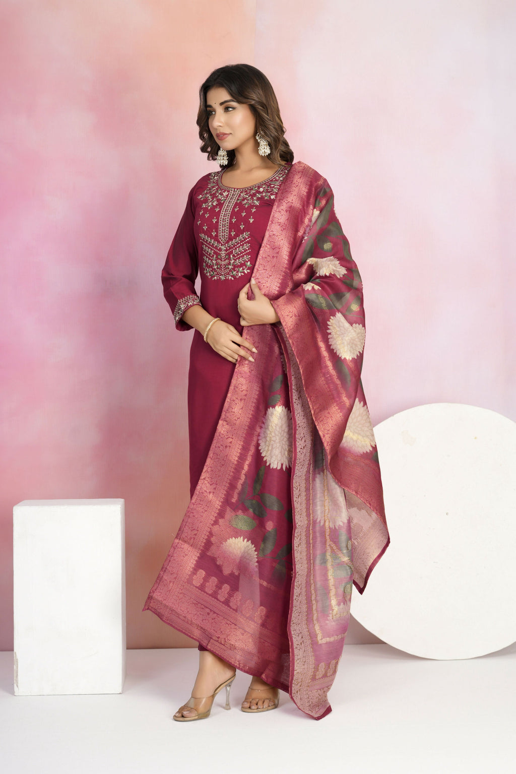 Ethnic Festive Wear Viscose Chanderi Maroon Stitched Suit With Dupatta - Tanisha