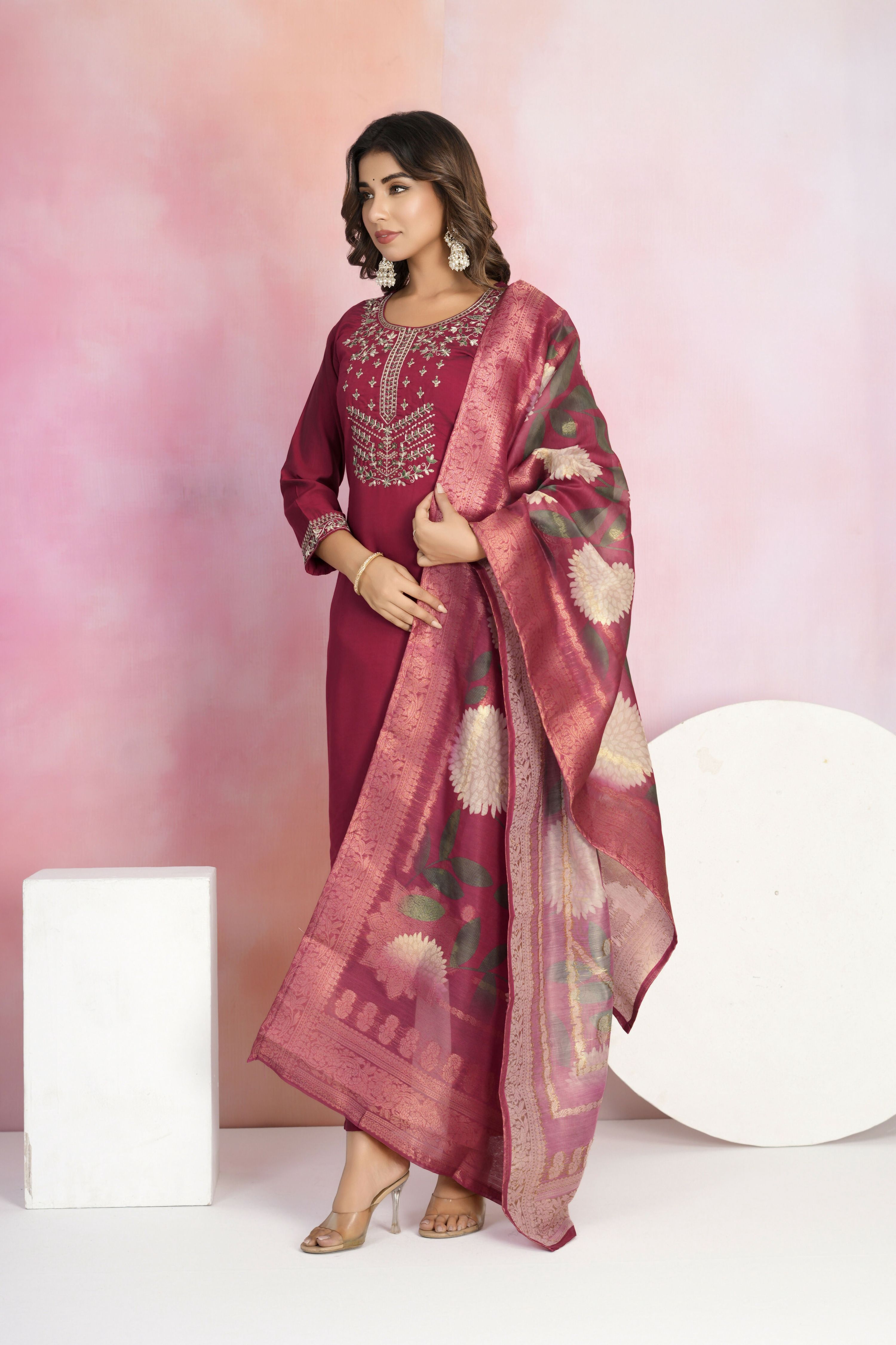 Ethnic Festive Wear Viscose Chanderi Maroon Stitched Suit With Dupatta - Tanisha