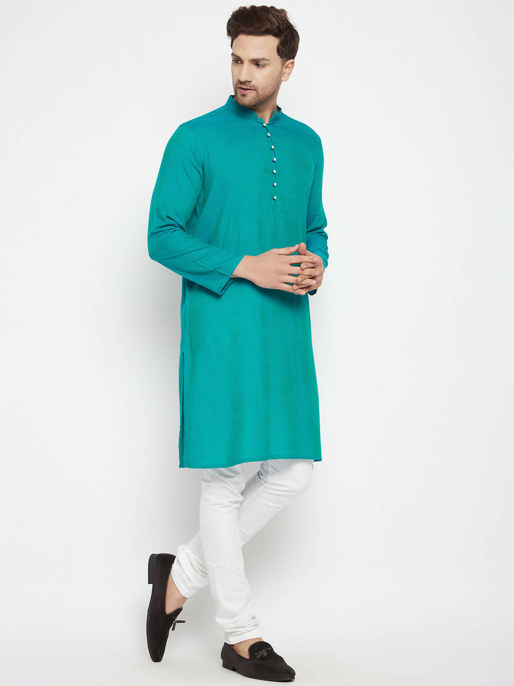Even Apparels Blue Pure Cotton Long Men's Kurta With Band Collar