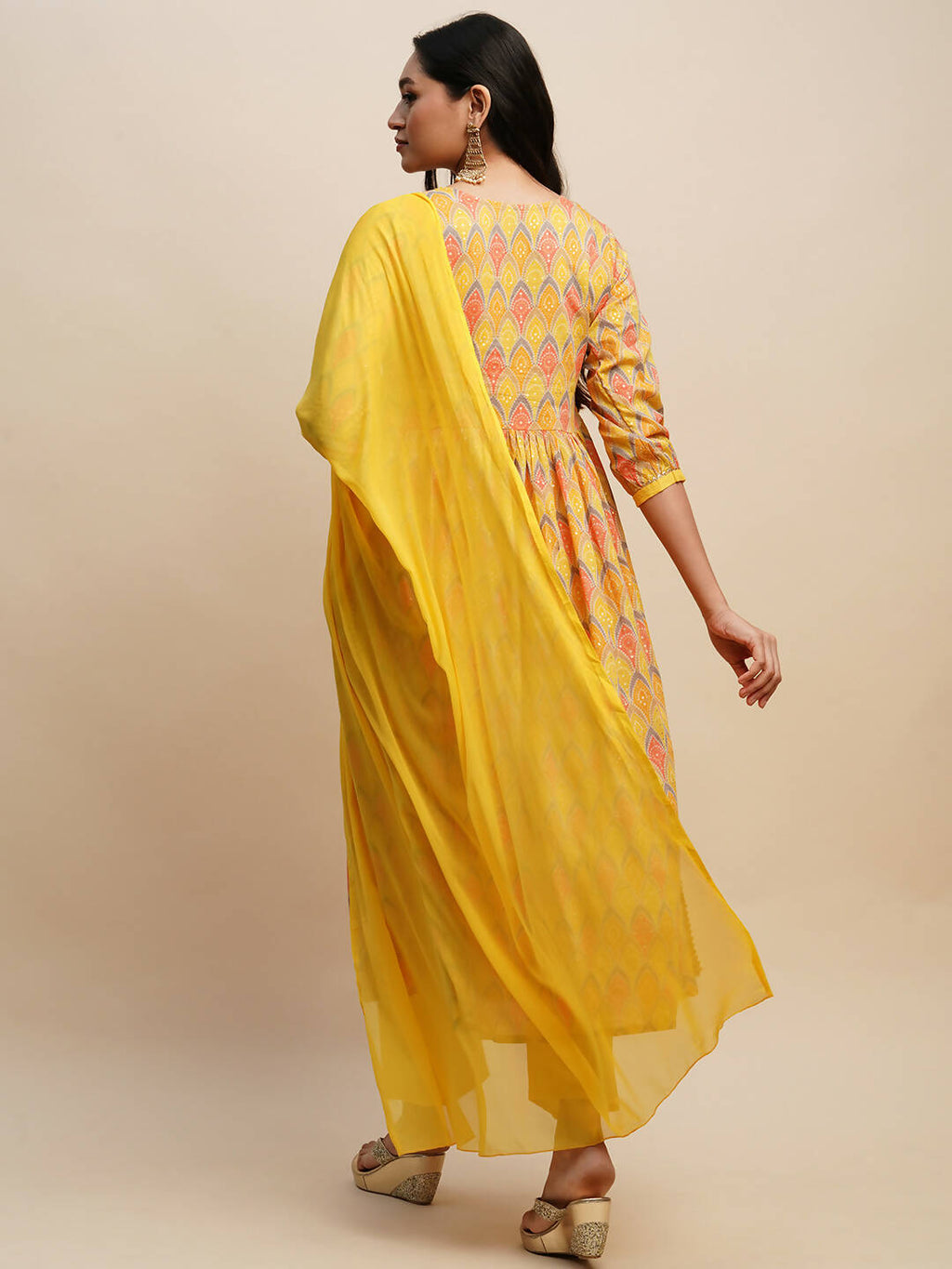 Yellow Pure Cotton Bandhani Printed Naira Cut Kurta And Bottom With Dupatta - Akashara