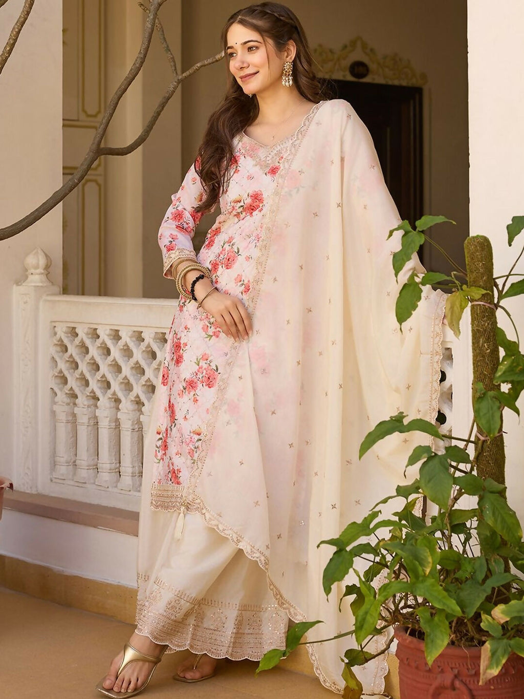 The52 White Women's Gorgeous Embroidered Chinon Fabric Straight Kurta Palazzo and Dupatta Set