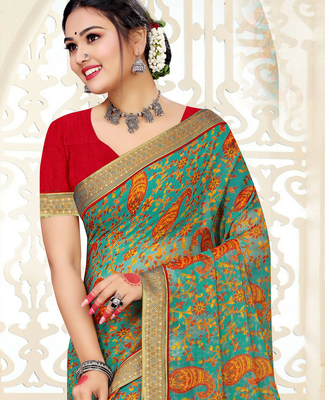 Sea Green Chiffon Brasso Printed Saree With Unstitched Blouse Piece - Jyoti