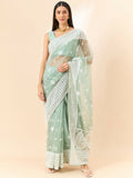 Green Organza Geometric Embroidered Saree with Unstitched Blouse Piece - Roozal