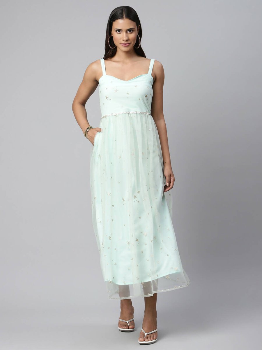 Ahalyaa Women Summer Blue Net Glitter Printed Dress