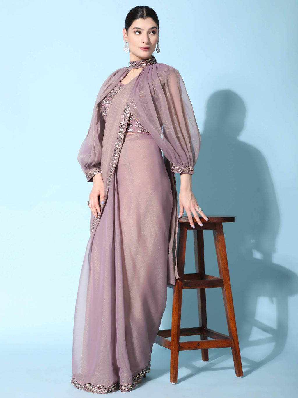 Purple Fancy Pure Fabric Plain Ready to wear Saree with stitched Blouse - Vrinda