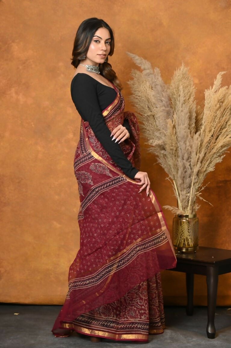 Very Much Indian Pure Kota Cotton Handblock Printed Saree - Red