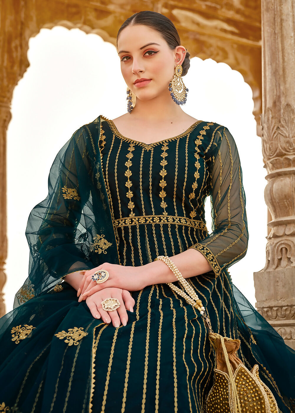 Heavy Stone Embroidered Peacock Blue Designer Anarkali Suit - Emponline