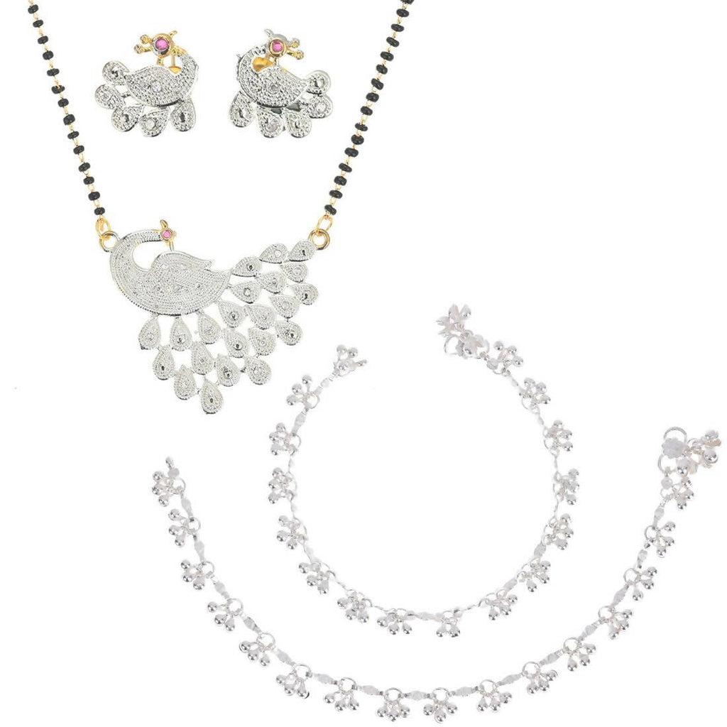 AanyaCentric Gold-Polished Mangalsutra Pendant Earring Set & Silver Plated Anklet