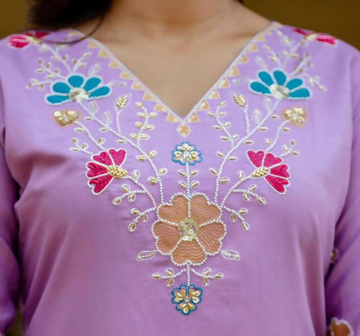 The52 Lavender Women's Gorgeous Embroidered work Viscose Gadhwal Fabric Straight Kurta, Pant and Dupatta Set