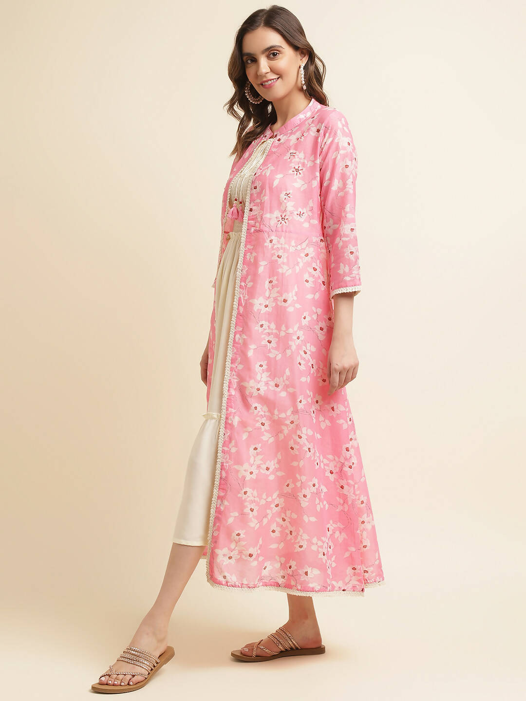 White Cotton Solid Flared Dress with Printed Shrug - Yukti