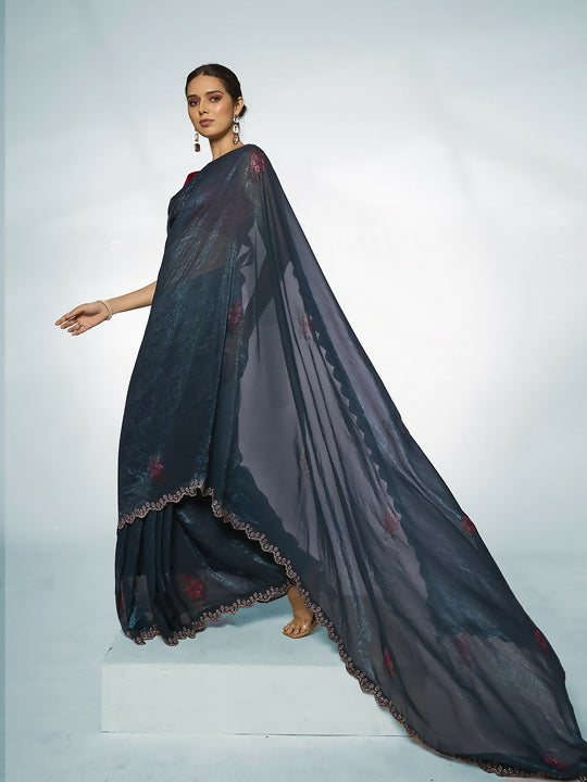 Teal Blue Slub Organza Swarovski Designer Saree - Shezlin