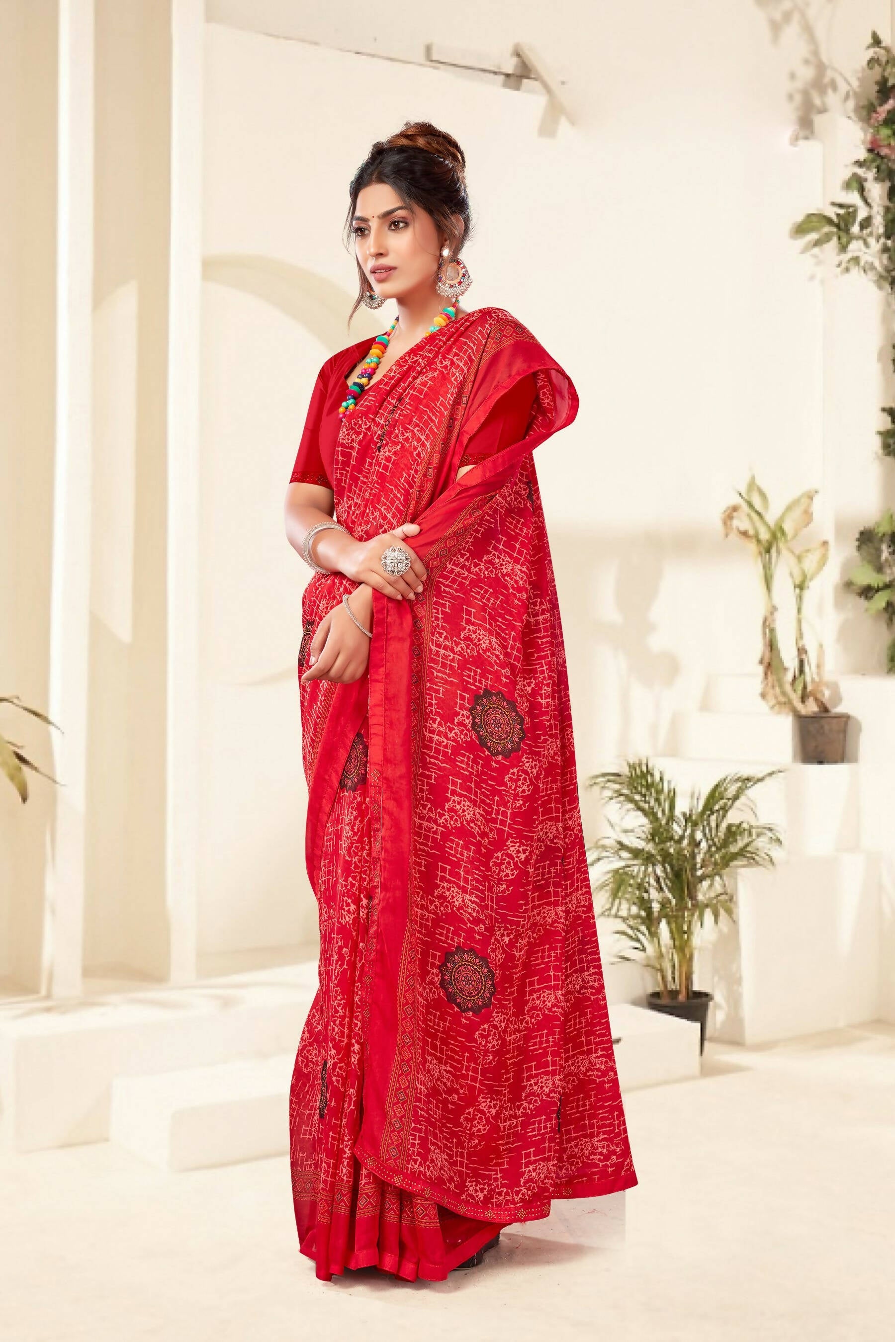 Red Georgette Texture Printed Saree with Unstitched Blouse Piece - Akansha