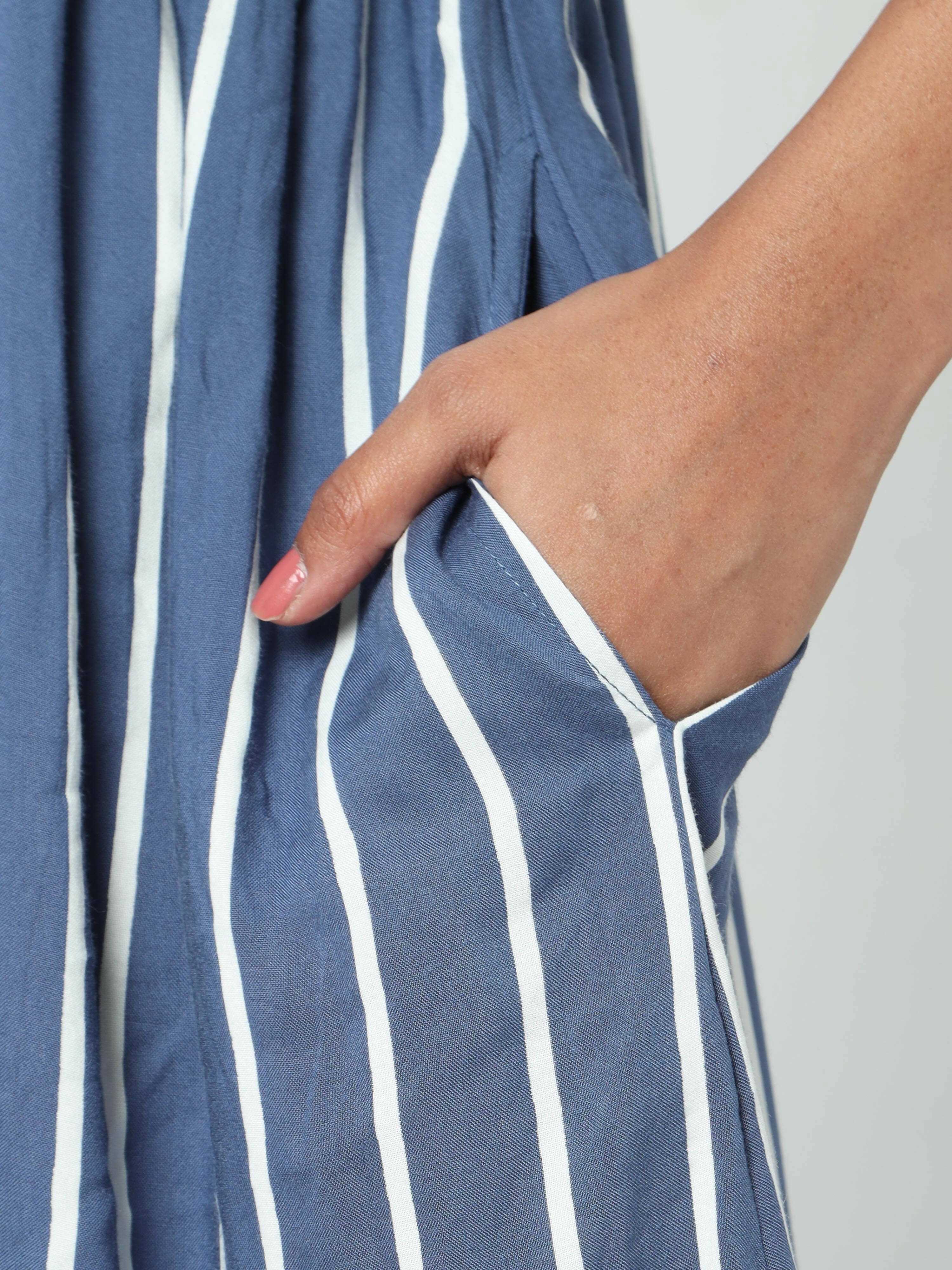 Manet Three Fourth Maternity Dress Striped With Concealed Zipper Nursing Access - Blue