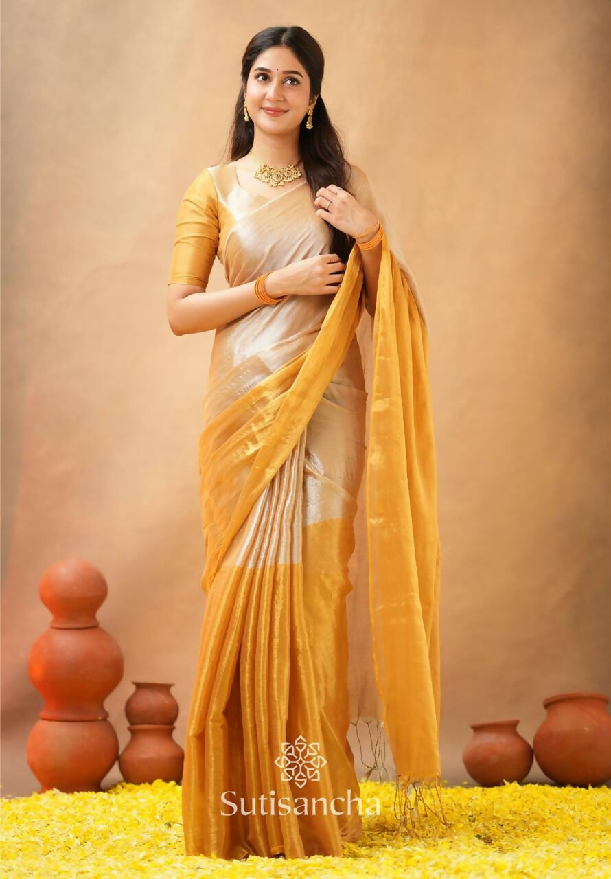 Exclusive Collection Beautiful Yellow Tissue Silk Hand Weaving Handloom Saree With Running Blouse Piece