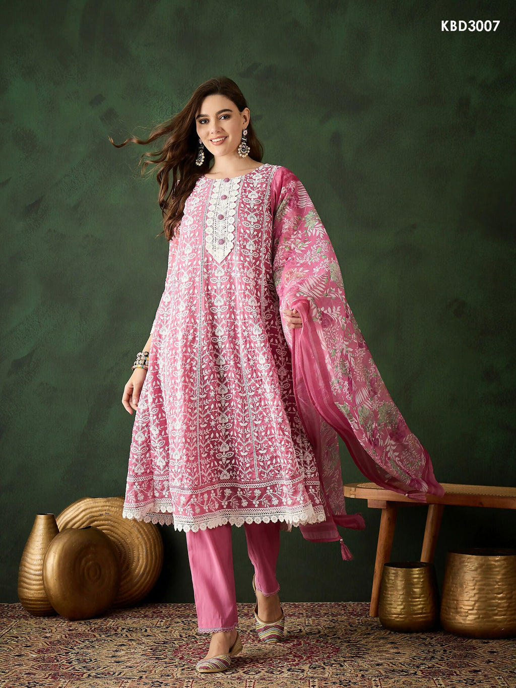 Pink Crystal Organza schiffli embroidery Kurta With Trouser & Dupatta - Bhumi