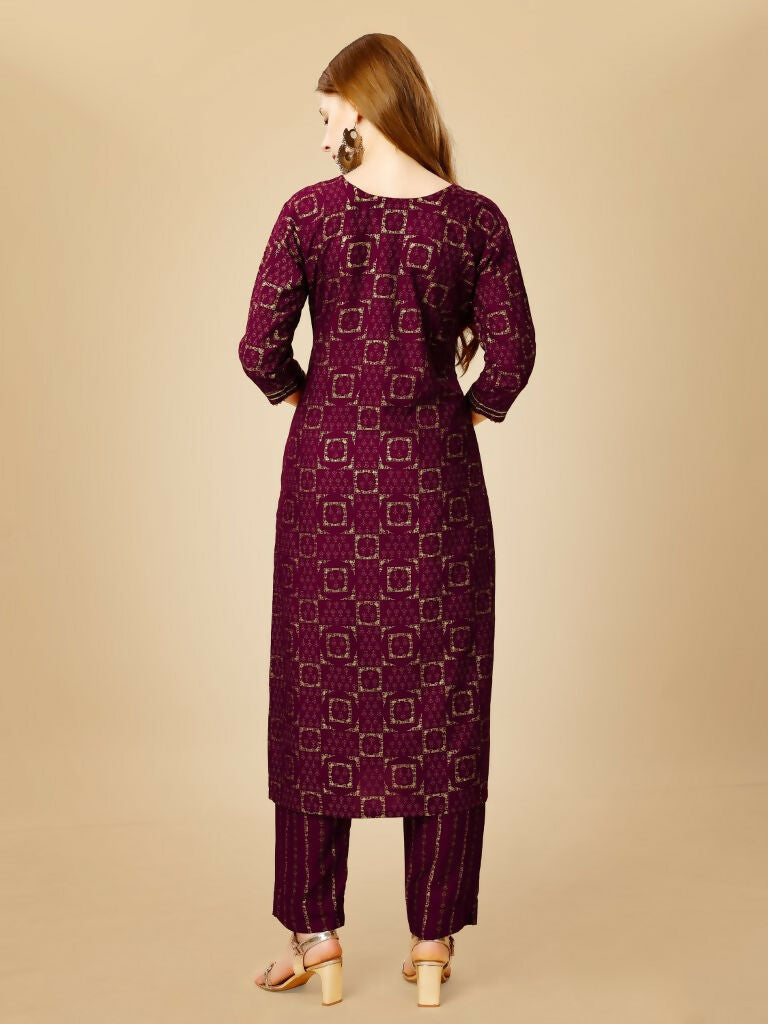Jyoti Fashion Women's Wine Viscose Rayon Embroidered Kurta Pant Set