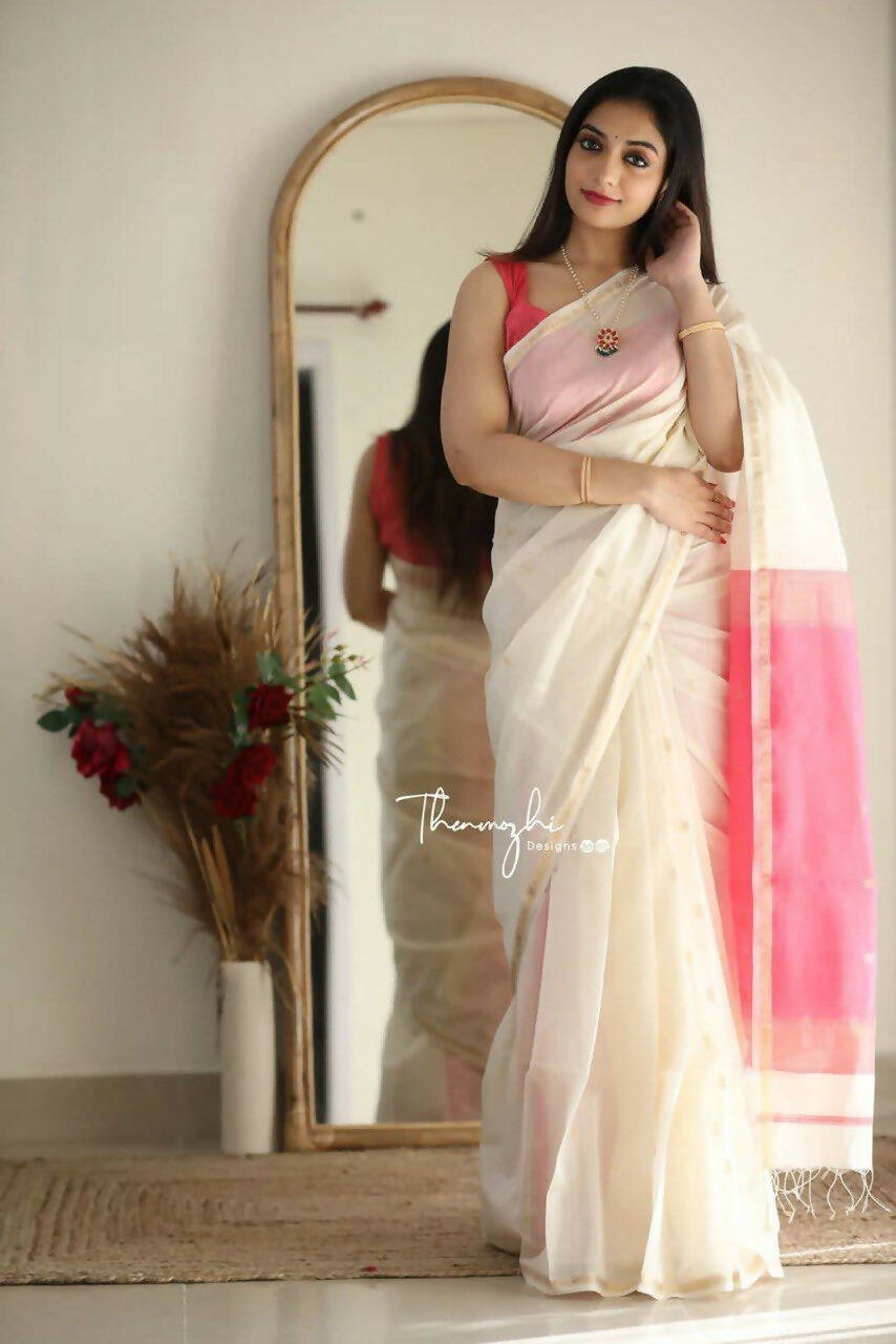 DEIANA'S Beautiful Designer Golden zari Soft Cotton Saree - White