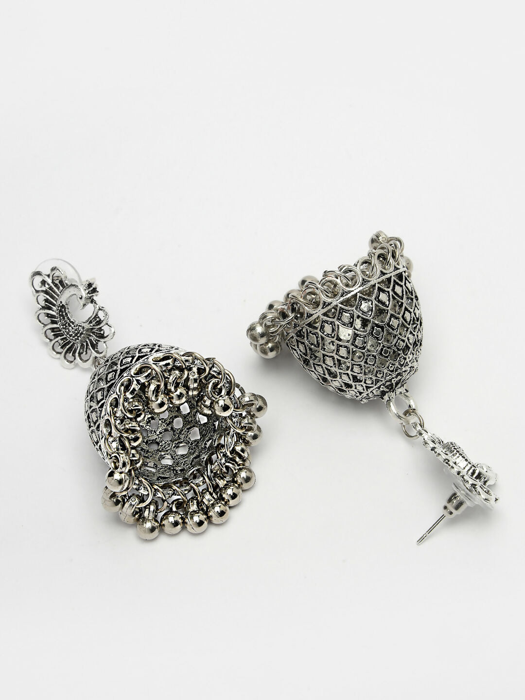 NVR Women's Set of 3 Silver-Toned German Silver Oxidised Dome Shaped Jhumka Earrings