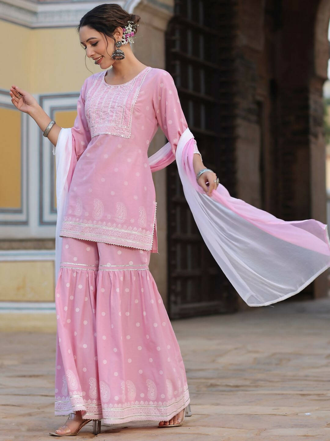 Juniper Women's Pink Cambric Floral Print Kurta Sharara Sets