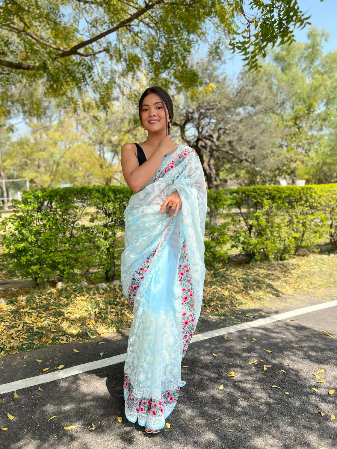 Vamsee Sky Blue Organza Saree