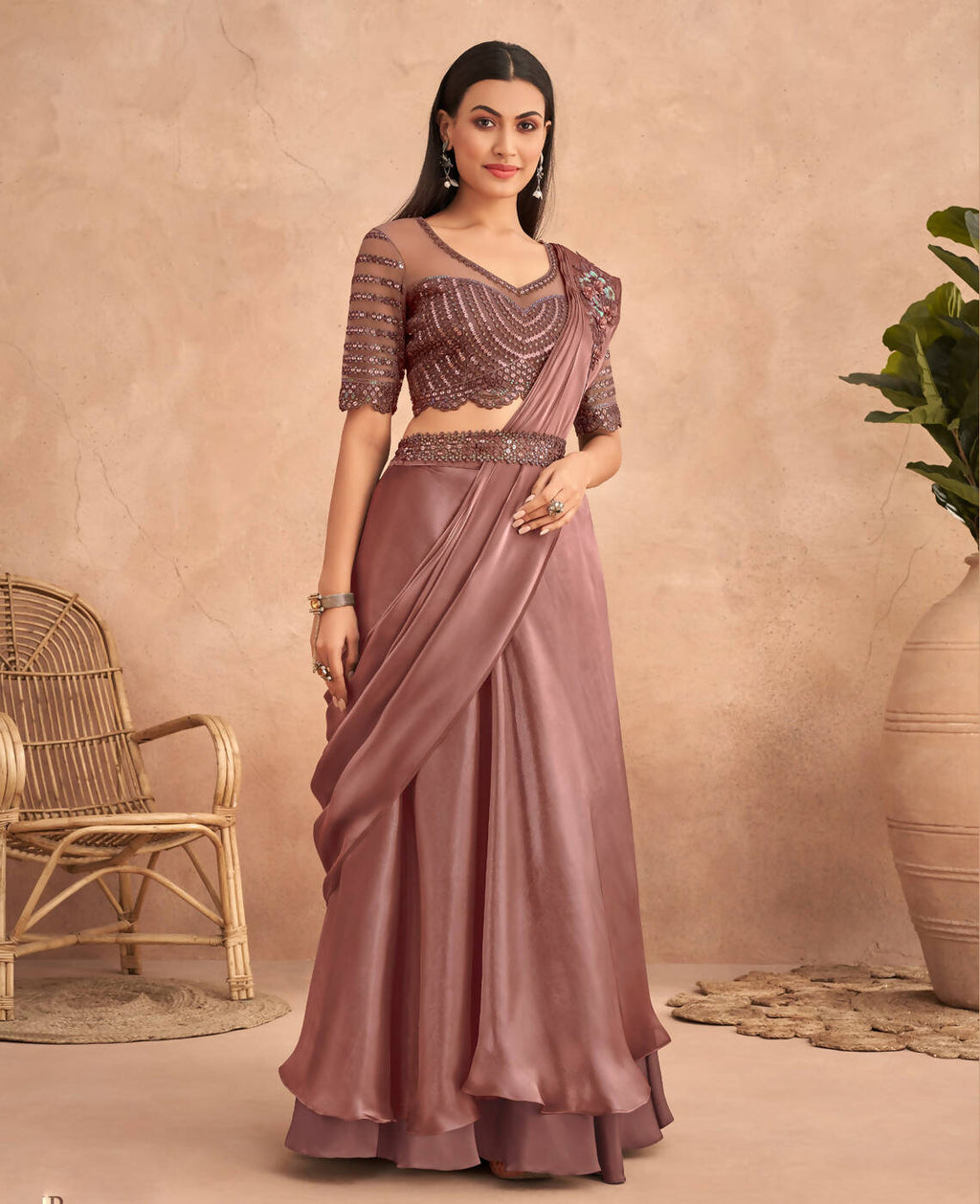 Dark Mauve Satin Embroidered Ready To Wear Saree With Unstitched Blouse Piece - Nandika