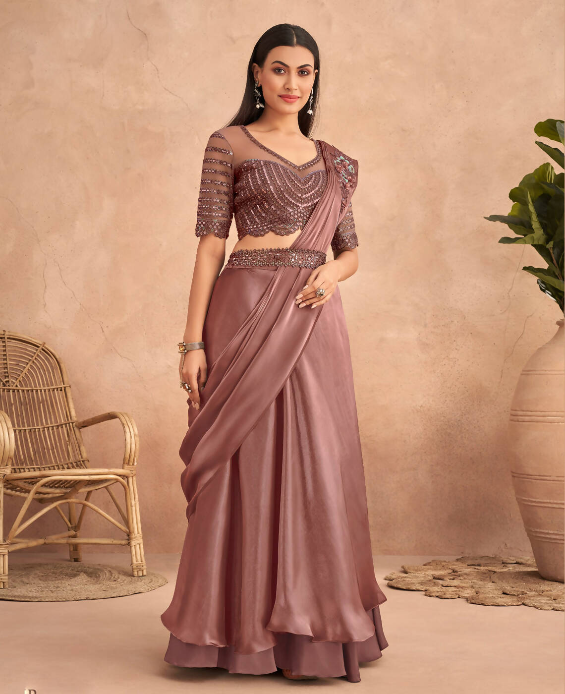 Dark Mauve Satin Embroidered Ready To Wear Saree With Unstitched Blouse Piece - Nandika
