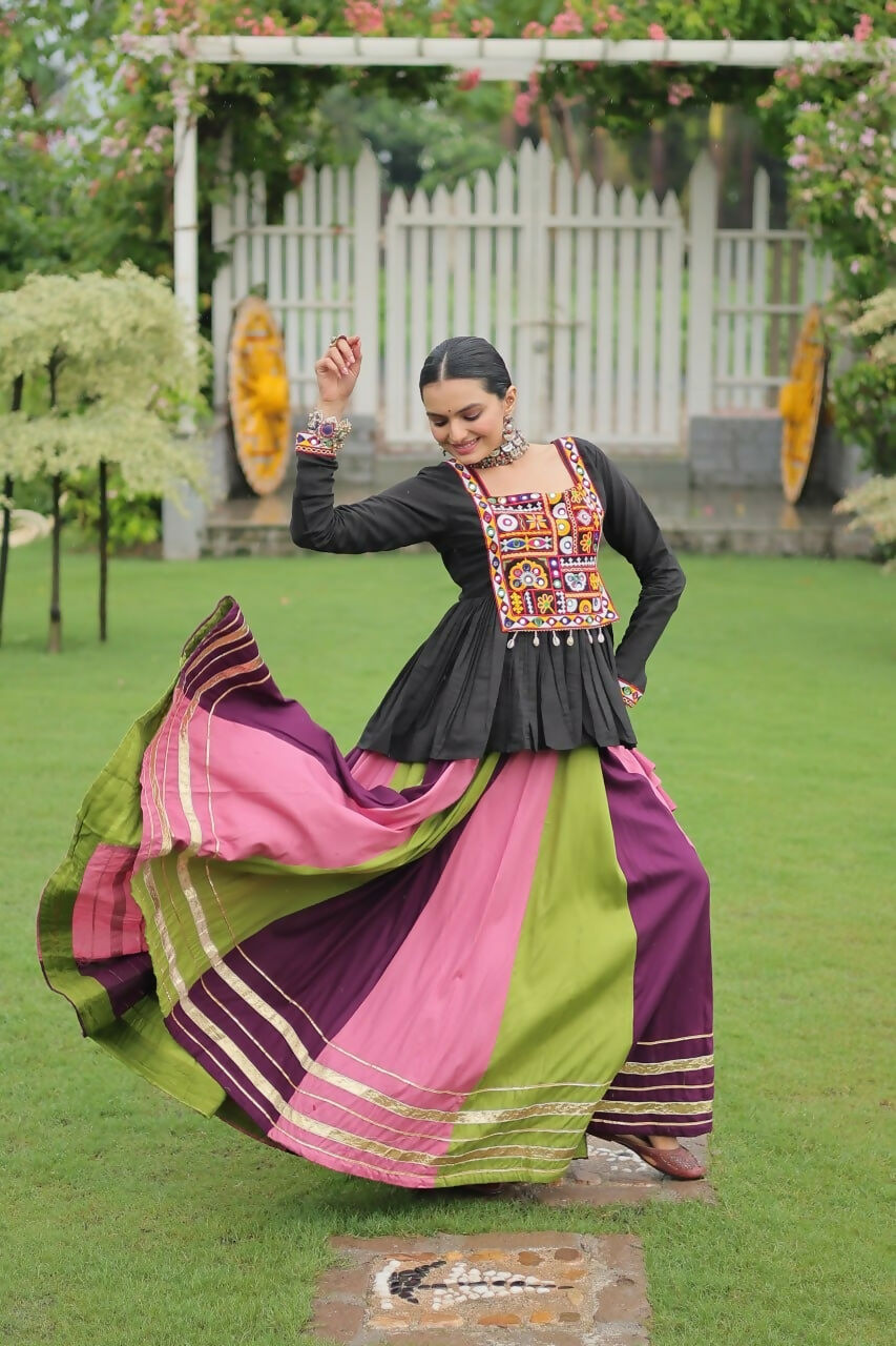 Teeya Creation Multi Colour Reyon Silk Gamathi Work Navratri lehenga Choli