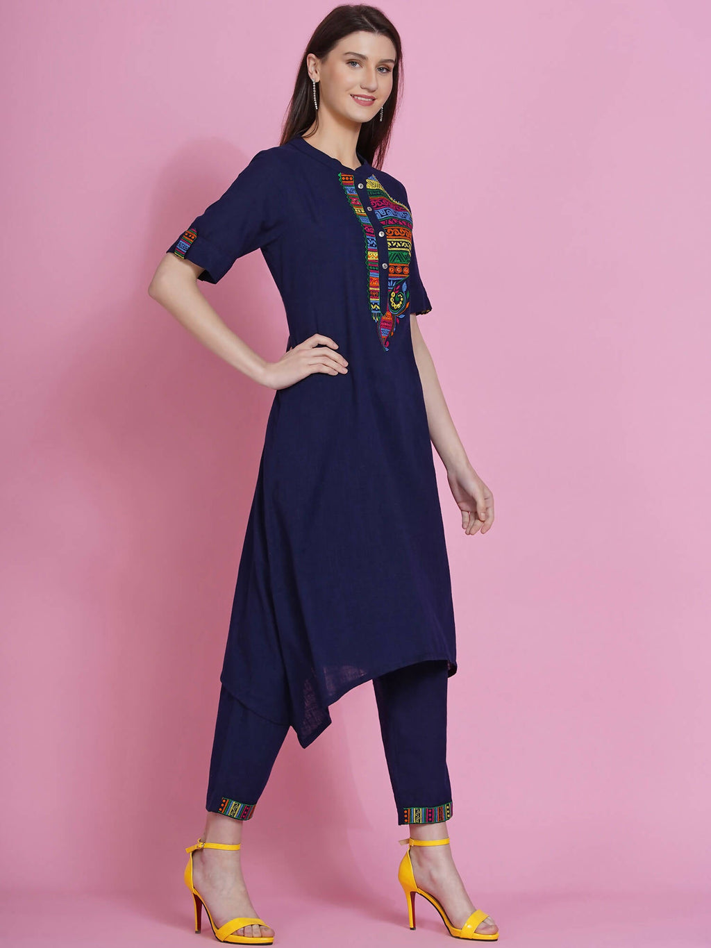 Women Republic Navy Blue Cotton Embroidered Kurta With Pants