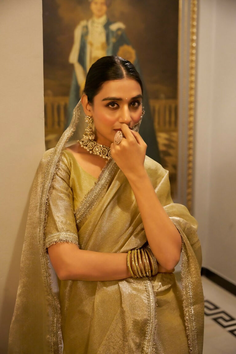 Vastranavya Gold Tissue Shimmer Zari Weaving Work Saree with Unstitched Blouse Gold