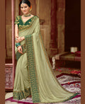 Green Vichitra Stone Work Saree With Unstitched Blouse Piece - Rosy