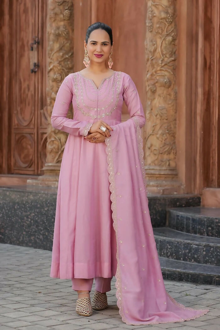 The52 Pink Women's Gorgeous Vichitra Silk Fabric Embroidered Work Flared Anarkali Pant and Dupatta Set