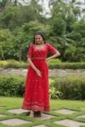 Vastranavya Premium Designer Faux Blooming with Embroidery Zari Sequins work Gown - Red