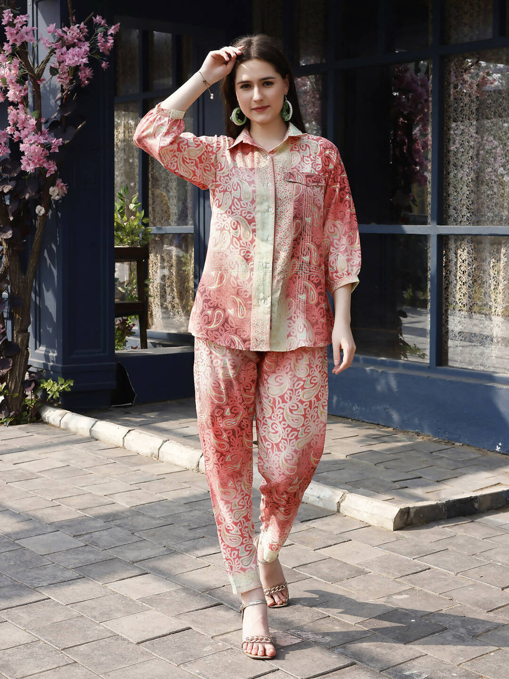 Red & Cream Rayon Paisley Printed Top with Matching Bottom - Eesha