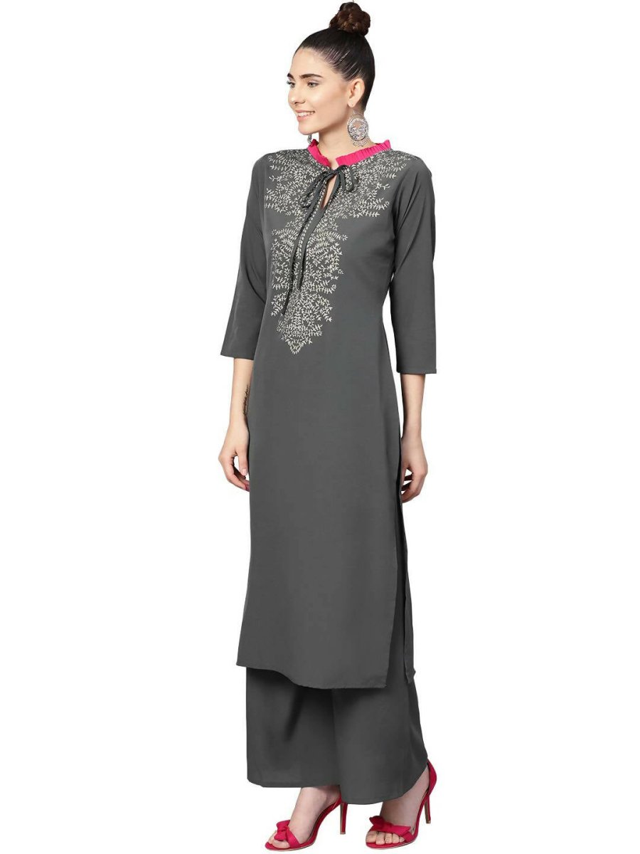 Ahalyaa Grey Crepe Printed Kurta Palazzo Set With Dupatta