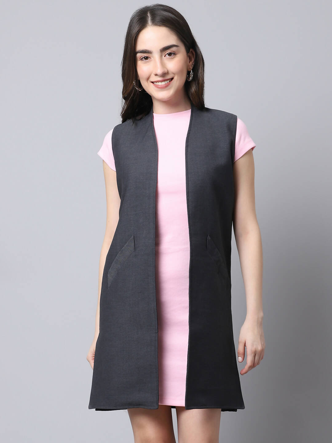 Even Apparels Grey Polywool Open Front Women's Long Coat