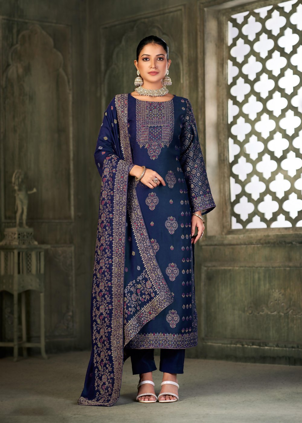 Blue Viscose Pasmina Mina Work Kurta & Bottom with Dupatta - Paridhi