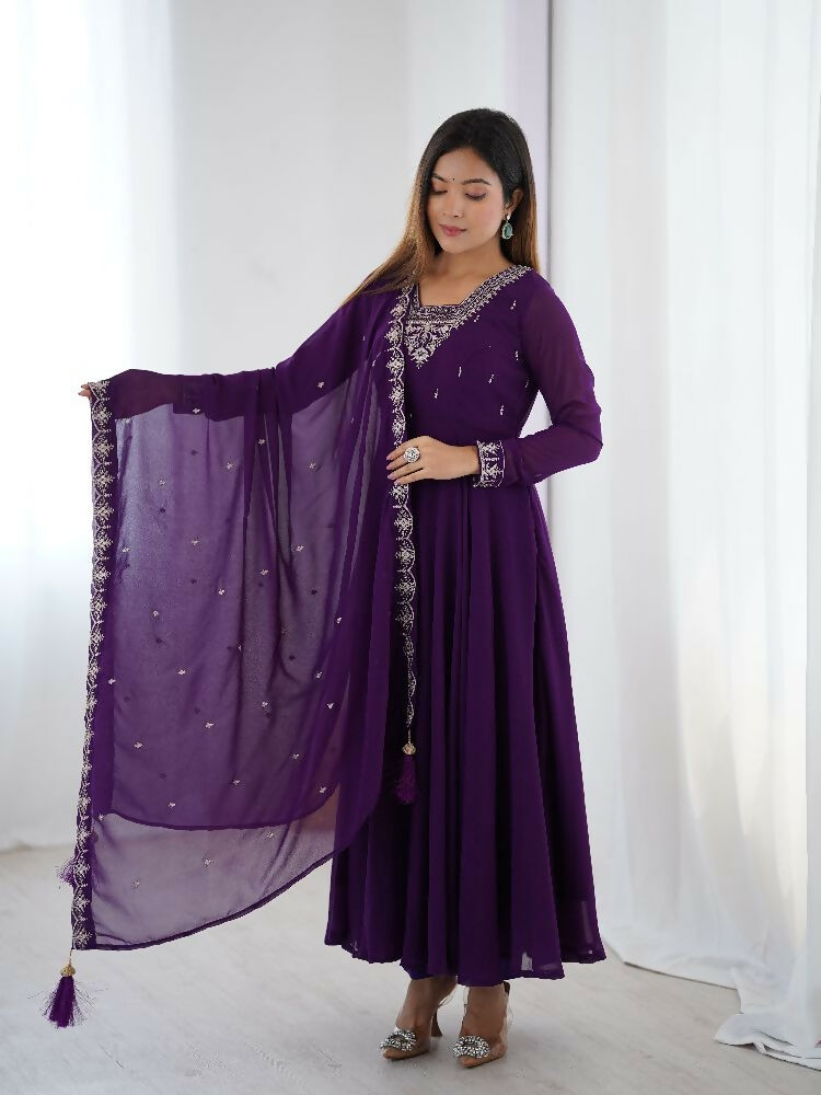 Joban Fashion Purple Kurta Set Georgette Sequence Embroidery Work